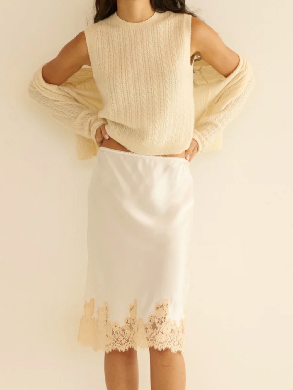 Cream Lace-Hem Midi Skirt